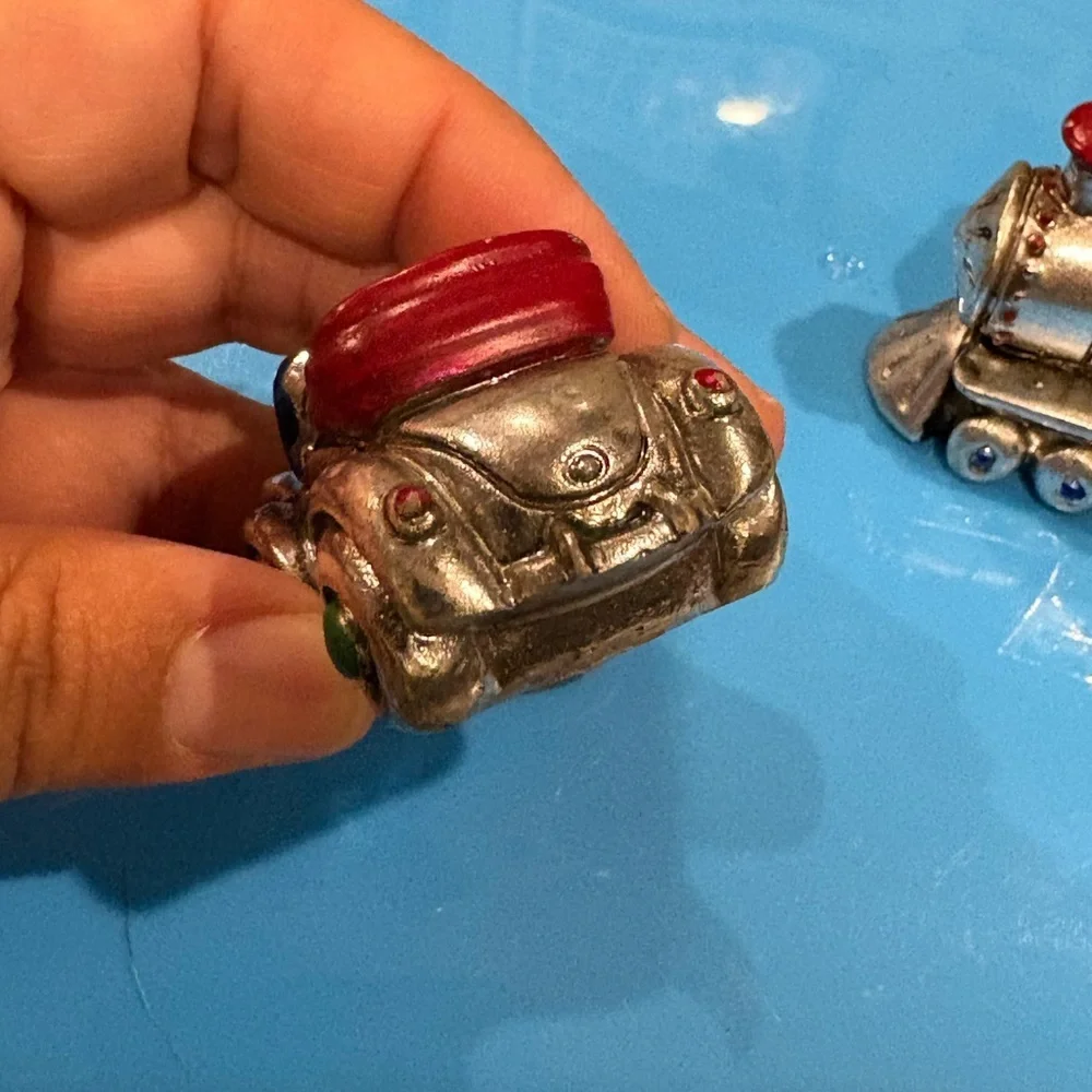 Vintage Christmas Ornaments Little 2” Convertible Car & Train Made of Metal